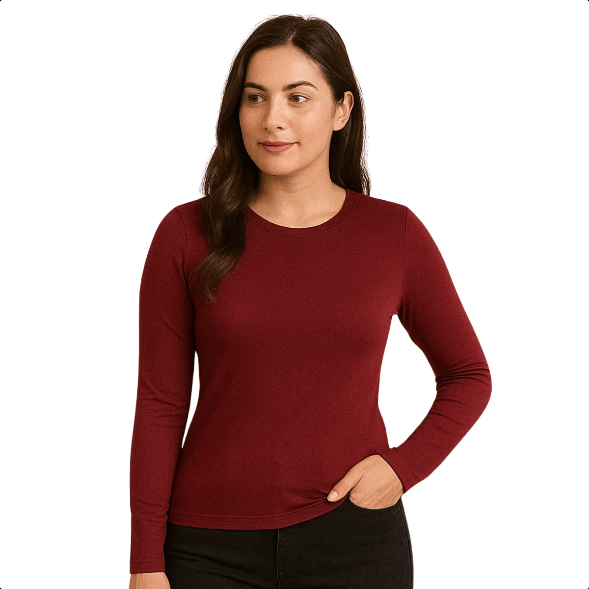 Women's Long Sleeve T-Shirt With Crew Neck In Suplex Fabric | 16 Color Variations Sizes P To Plus Size G2 Basic Plain - Color caoba - Ver 1