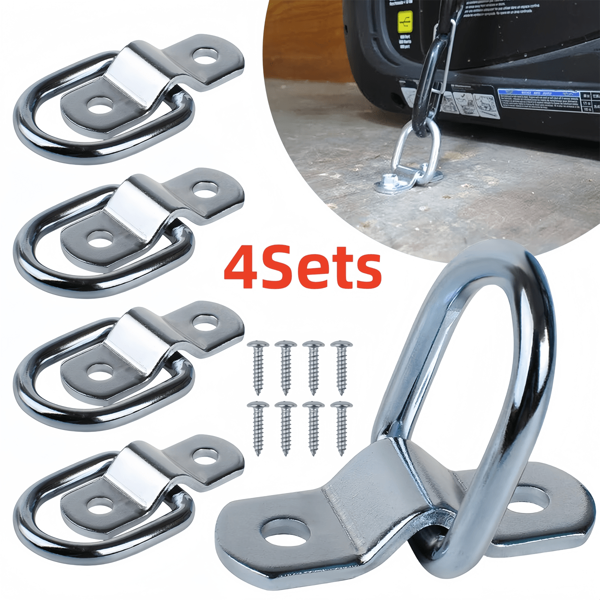 4 Sets Heavy-Duty Surface Mount D-Ring Staple Cleats - Tie Downs & Anchors For Trailers, Trucks, Horse Boxes, And Boats - Sturdy Cargo Lashing And Securing Solution With Construction And Rust-Resistant Finish