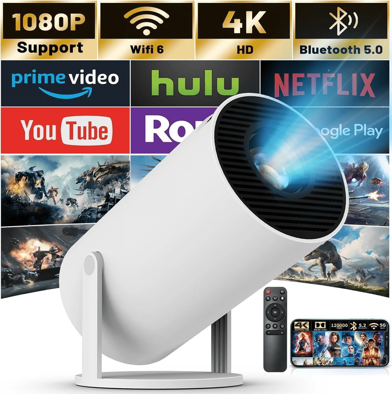 Proyectores Baratos Hy300 Mini Proyector Profesional Wifi Android11,home 4k 1080p Proyector Wifi Proyector Led Con Corrección Automática Horizontal Proyector Giratorio De 180° Para Teléfono - Blanco - Ver 1