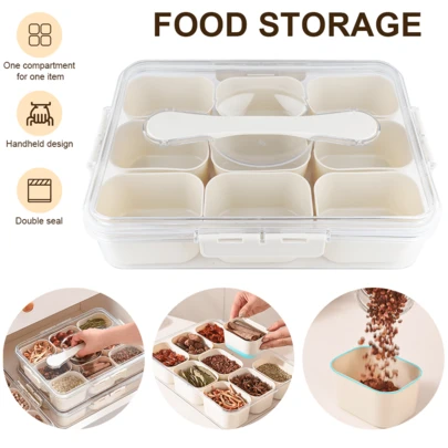 9 Grids Divided Serving Tray Storage Box Format Seasoning Food Box Portable, For Spices, Beans, Grains
