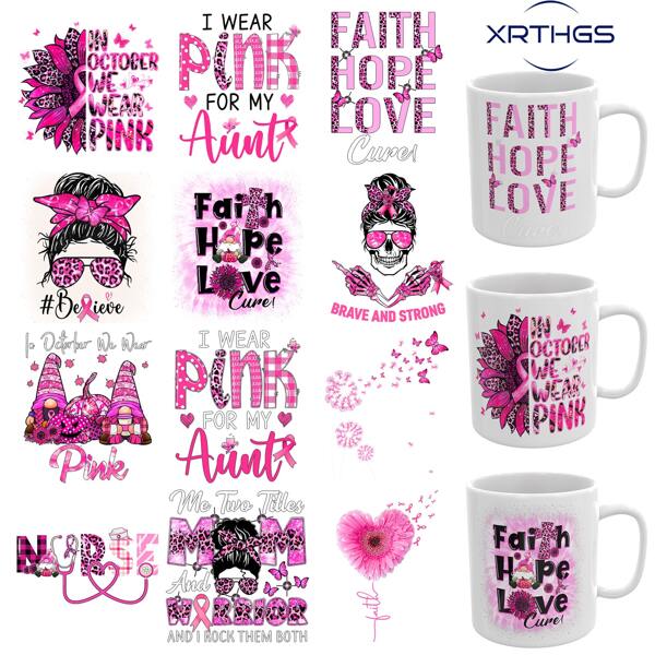 XRTHGS XRTHGS 12PCS/SET UV DTF Cup Wraps Pink Awareness Ribbon Style Self-Adhesive Sticker For Coffee Cups, Water Bottles, Home Decor, Laptops And Refrigerator DIY Crafts(Mug Not Included)