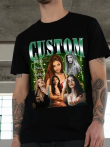 Customized Personalized Men's Clothing, Custom Your Own Bootleg Tee, Vintage Graphic 90s T Shirt, Retro Custom Bootleg Rap Tee, Custom Bootleg, Custom Your Photo, Insert Your Design, Valentine's Day Gifts, Custom Face, Add Your Own Text And Imagery (Family Photos/Selfies/Pet Photos/Friend Photos) To Design Your Personalized Printed T-Shirt, Ideal Gifts For Her Family, Friends, Est Friend Gifts - Black - View 2