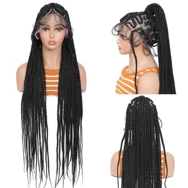 Perruque tressée synthétique de 36 pouces avec nœuds invisibles, cheveux noués à la main avec 13x6 dentelle complète, avec des cheveux de bébé, pour tresses