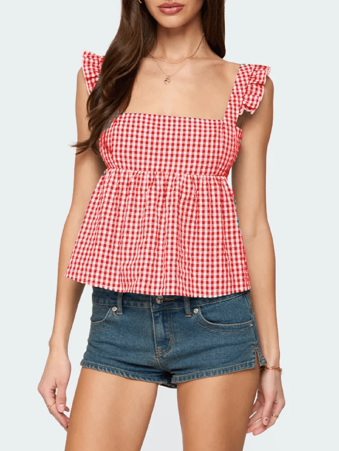 Women Teens Y2k Babydoll Tank Top Lace Trim V Neck Ruffle Flowy Crop Cami Top Summer Preppy Clothes Streetwear - 紅色 - 查看 1