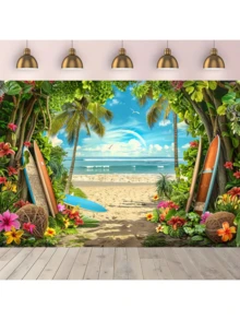 夏季夏威夷海滩主题摄影背景 - 多功能面料，带有蓝色大篷车、冲浪板和热带花卉设计，适合夏威夷宴会、旅行和露营装饰