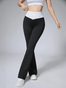 Pantalones de yoga con corte campana y cintura en V, mallas deportivas de talle alto y ajuste slim