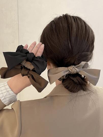 3 pièces Élastiques à cheveux élégants en satin simple avec nœud papillon, couleur café, accessoires de cheveux, décontractés
