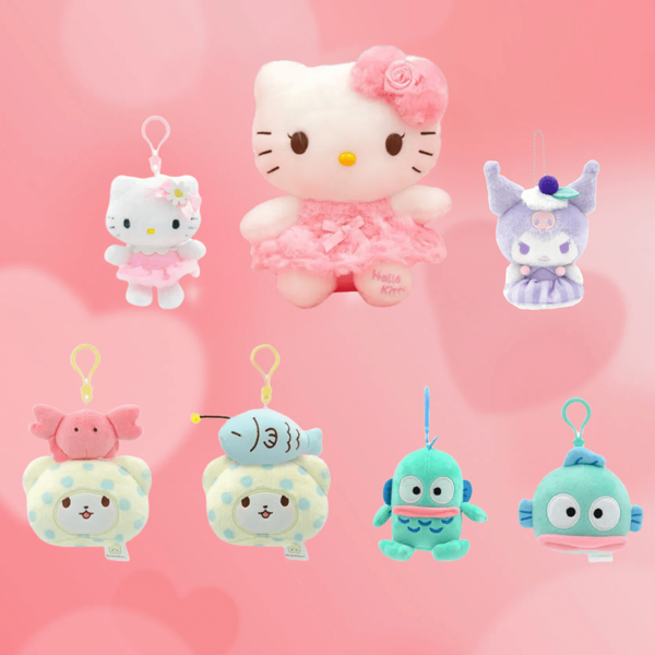 Sanrio Poupée de personnages authentiques Sanrio (édition 50e anniversaire de chat), porte-clés chat, Kuromi, Marumofubiyori, Hangyodon, mignon charm en peluche Labu, cadeaux pour Pâques, la Fête des Mères et autres occasions, porte-clés pour sac, sac à dos et voiture pour femmes, périphériques Sanrio