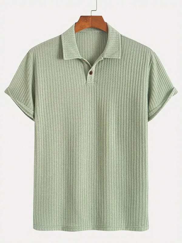 Men's Solid Color Semi-Sheer Golf Shirt, Waffle Casual Short Sleeve Elastic Polo Shirt, Suitable For Leisure And Outdoor