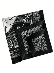 1 Stück einfarbiges Bandana - Totenkopf & Vintage Muster Quadratischer Schal, Schwarz & Weiß, Maschinenwaschbar, Unisex, geeignet für Motorradfahren, Outdoor, Modeaccessoire, Motorradteile, Schickes Accessoire, exquisites Musterdesign