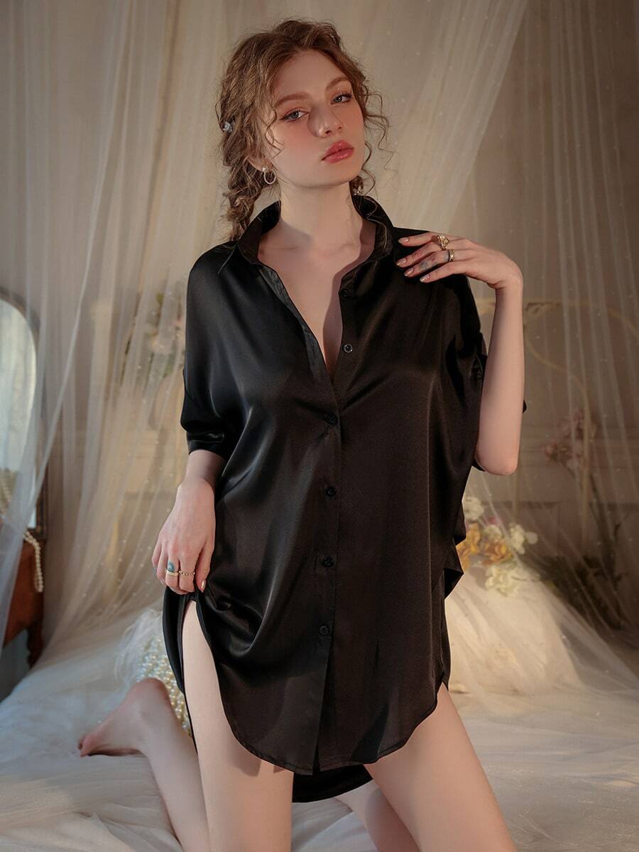 Shirt 1, Sexy Ice Silk Female Summer Boyfriend Wind Shirt Solid Color Comfortable Large Size Short Sleeve Thin Pajamas Can Be Worn Outside Sexy Lingerie Set