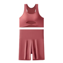 Conjunto de dos piezas de ropa interior deportiva para mujer, confeccionado en tela de seda de hielo refrescante, transpirable y cómoda, con diseño de espalda descubierta. Ideal para mujeres de 70 a 130 kg que practican actividades como correr, yoga o entrenamientos.   El sutién ofrece soporte antiescoteo, efecto de acercamiento y sensación de "piel desnuda". El conjunto incluye pantalones cortos de yoga que garantizan libertad de movimiento. Perfecto para combinar comodidad, funcionalidad y estilo en rutinas deportivas. - Rosado Sandía - Ver 2