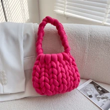PockPei Rope Crochet Bag Handmade Acrylic Chain Women Underarm Bag Designer Knitting Crossbody Bags For Women Woven Chunky Knit Purse - 熱粉紅_銀色 - 查看 3
