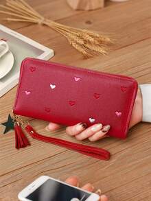 1pc Women's Fringe Cute Coin Zipper Credit Card Holder Fashionable And Simple Heart Embroidery Wallet Gift Gift Present Heart (Heart Pattern Random) For Women Wallet Purse Wallet Long Wallet Wristlet Wallet - Black - View 8
