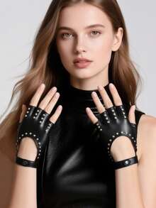 1 Pair Unisex Fashion Punk Style Solid Color PU Rivet Strap Half Finger Gloves, Suitable For Outdoor Cycling, Sports, Street Dance Performance - Multicolor - View 4