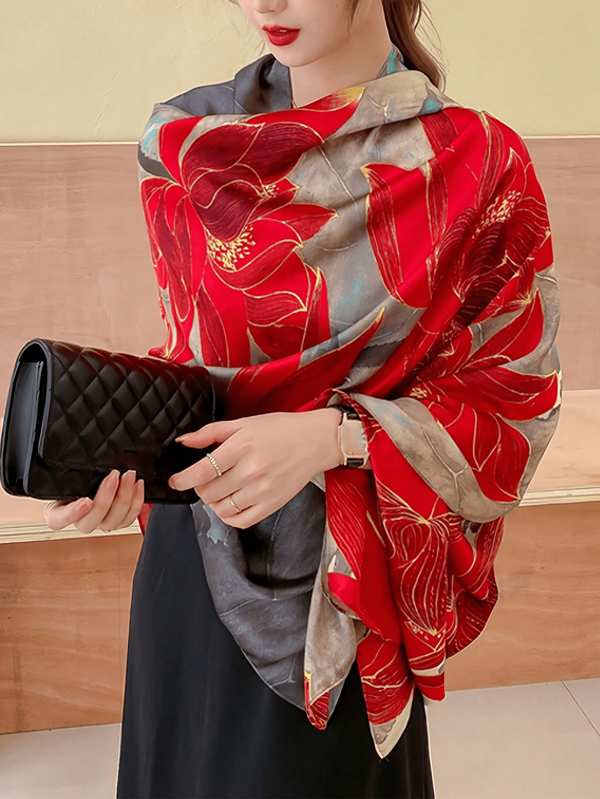 1pc 180*90cm Elegant Silk Scarf For Women, Green Peacock Feather Print, Soft, Multifunctional Hair Scarf/Shawl/Wrap