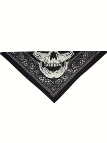 1 Stück einfarbiges Bandana - Totenkopf & Vintage Muster Quadratischer Schal, Schwarz & Weiß, Maschinenwaschbar, Unisex, geeignet für Motorradfahren, Outdoor, Modeaccessoire, Motorradteile, Schickes Accessoire, exquisites Musterdesign