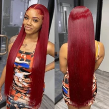 CEXXY Perruque Lace Front Wig 13x6 HD cheveux humains lisses couleur bordeaux 99J transparente HD pré-épilée - Rouge foncé - Voir 10