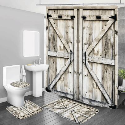 4pcs Wooden Door Pattern Shower Curtain Decoration Set, Modern Personality Shower Curtain Set, Bathroom Mat, Toilet Cover Blanket, Non-Slip U-Shaped Mat, Bathroom Partition Curtain, Home Decoration Accessories, Bathroom Decoration Set, Free 12 C-Hooks Fall Decor