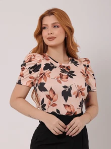 Women's O-Neck Princess Sleeve Blouse - Black And Brown Leaves - 彩色 - 查看 3