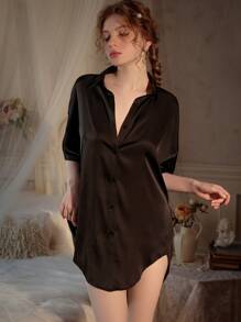 Shirt 1, Sexy Ice Silk Female Summer Boyfriend Wind Shirt Solid Color Comfortable Large Size Short Sleeve Thin Pajamas Can Be Worn Outside Sexy Lingerie Set