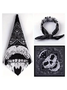 1 Stück einfarbiges Bandana - Totenkopf & Vintage Muster Quadratischer Schal, Schwarz & Weiß, Maschinenwaschbar, Unisex, geeignet für Motorradfahren, Outdoor, Modeaccessoire, Motorradteile, Schickes Accessoire, exquisites Musterdesign