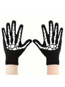 1 par de guantes negros con dedos medios que brillan en la oscuridad, guantes de fiesta con diseño de garra de fantasma tejidos, guantes con luminiscencia de moda para ocasiones generales - Multicolor - Ver 2