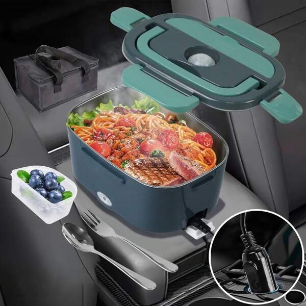 Boîte à lunch électrique, chauffe-plat 3 en 1 ultra-rapide pour adultes, chauffe-plat portable 12V/24V/110V pour voiture/camion/bureau avec fourchette, cuillère et sac isotherme de transport