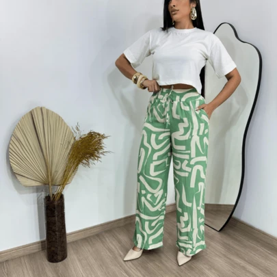 "Calça Pantalona Feminina Estampada Cintura Alta Soltinha Confortável Casual Verão