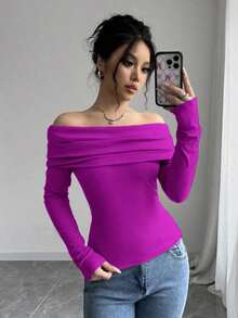 Women's Elegant Off Shoulder Ruffle Long Sleeve Solid Color Blouse - Rosa Roja - Ver 3