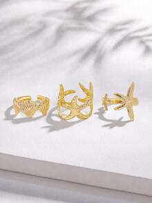 3pcs Metal Ocean Theme Ring Set-3D Starfish & Shell Adjustable Rings For Women, Suitable For Party, Date, Beach - Gold - View 13