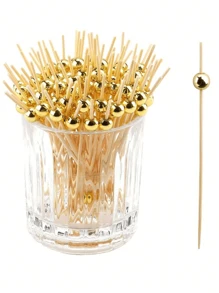 100pcs Bamboo Skewers, Appetizer Toothpicks, Decorative Cocktail Picks, 4.7" Fruit Kabob Skewers, Gold Party Supplies, Bamboo Sticks For Fruit, Beverages, Charcuterie Boards
