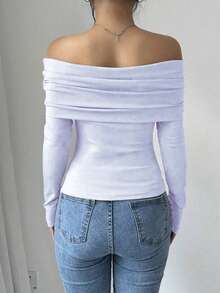 Women's Elegant Off Shoulder Ruffle Long Sleeve Solid Color Blouse - 白色 - 查看 2