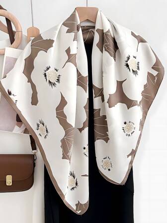 1件女士优雅印花缎面方巾，透气防晒装饰披肩，休闲风格，适合搭配连衣裙