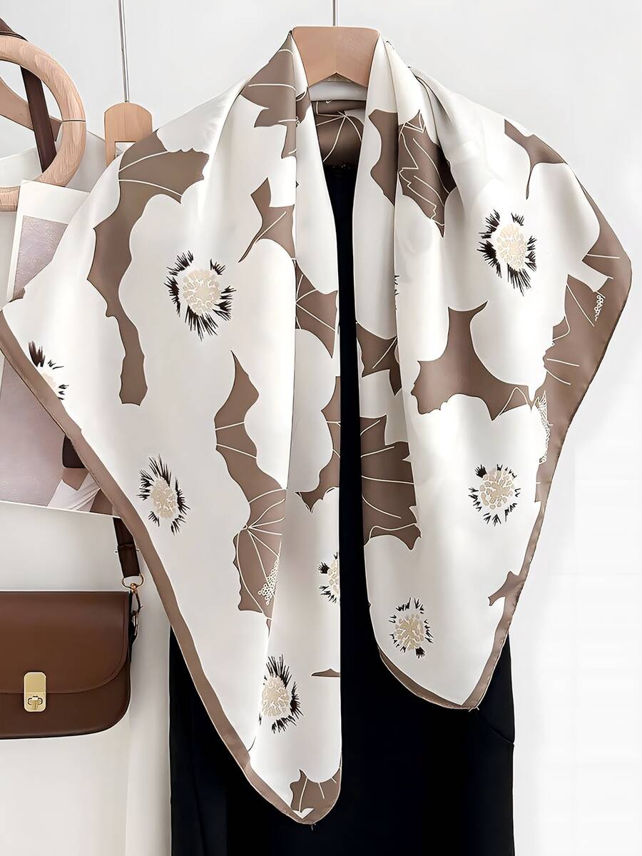 1件女士优雅印花缎面方巾，透气防晒装饰披肩，休闲风格，适合搭配连衣裙 - B-卡其色 - 查看 1