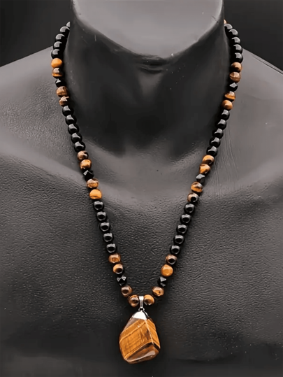 1pc Tiger Eye Stone & Crystal Beaded Adjustable Cross Necklace, Vintage & Fashionable Multi-Color Necklace For Men & Women, Suitable For Party, Banquet And Daily Outfit Accessories