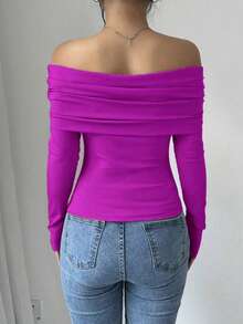 Women's Elegant Off Shoulder Ruffle Long Sleeve Solid Color Blouse - Rosa Roja - Ver 2