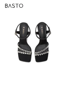 BASTO Rhinestone Decorated Strap Stilettos, Elegant Basic Style Ladies Sandals, Suitable For Dates, Parties, Weddings, Valentine's Day In Summer - Black - View 4