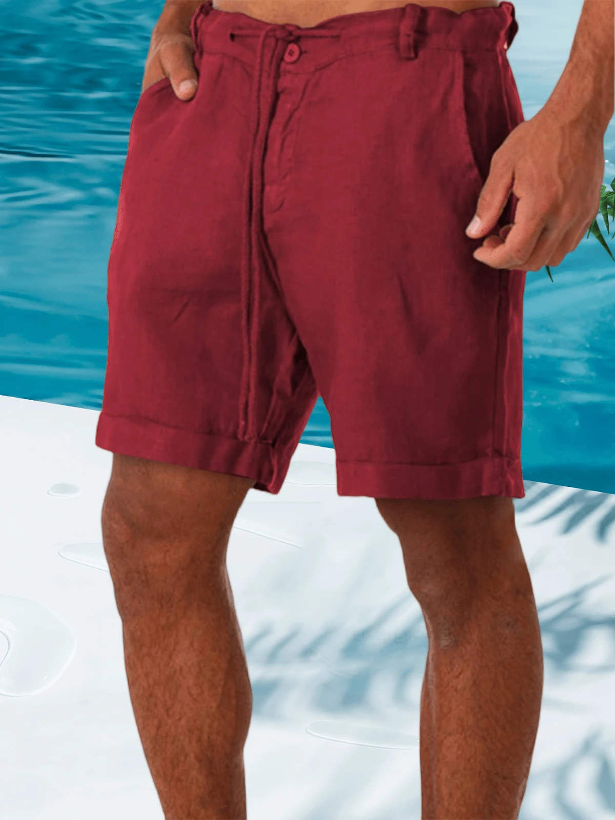 Runcati Men's Linen Casual Classic Short Elastic Waist Summer Beach Lightweight Board Slim-Fit With Pockets - Màu Đỏ Sâu - Xem 1