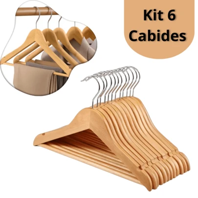 Kit 6 Cabides de Madeira Envernizado Marfim Atacado Loja de Roupas Closet