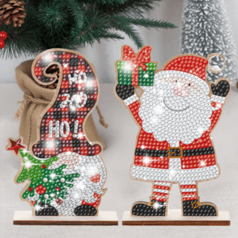 2件套成人DIY钻石画工艺桌面装饰套装，圣诞老人和矮人图案，适合初学者制作不规则钻石，闪亮钻石桌面装饰，圣诞装饰