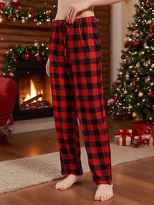 Spodnie piżamowe damskie w czarno-czerwoną kratę w stylu vintage – luźne, wygodne, z kieszeniami, ściągacz w pasie, zimowe - Wielokolorowe - Zobacz 4