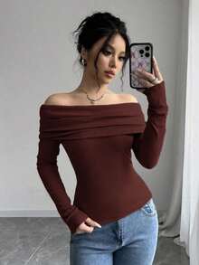 Women's Elegant Off Shoulder Ruffle Long Sleeve Solid Color Blouse - Burgundy - View 4