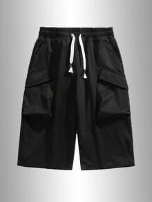 Men's Casual Sports Cargo Pants, Solid Color 3/4 Pants, Suitable For Running, Sports, Daily Casual Wear - Black - View 2