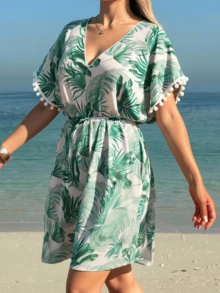 SHEIN Swim Vcay 夏季海滩女式热带图案V领罩衫 - 白色 - 查看 3