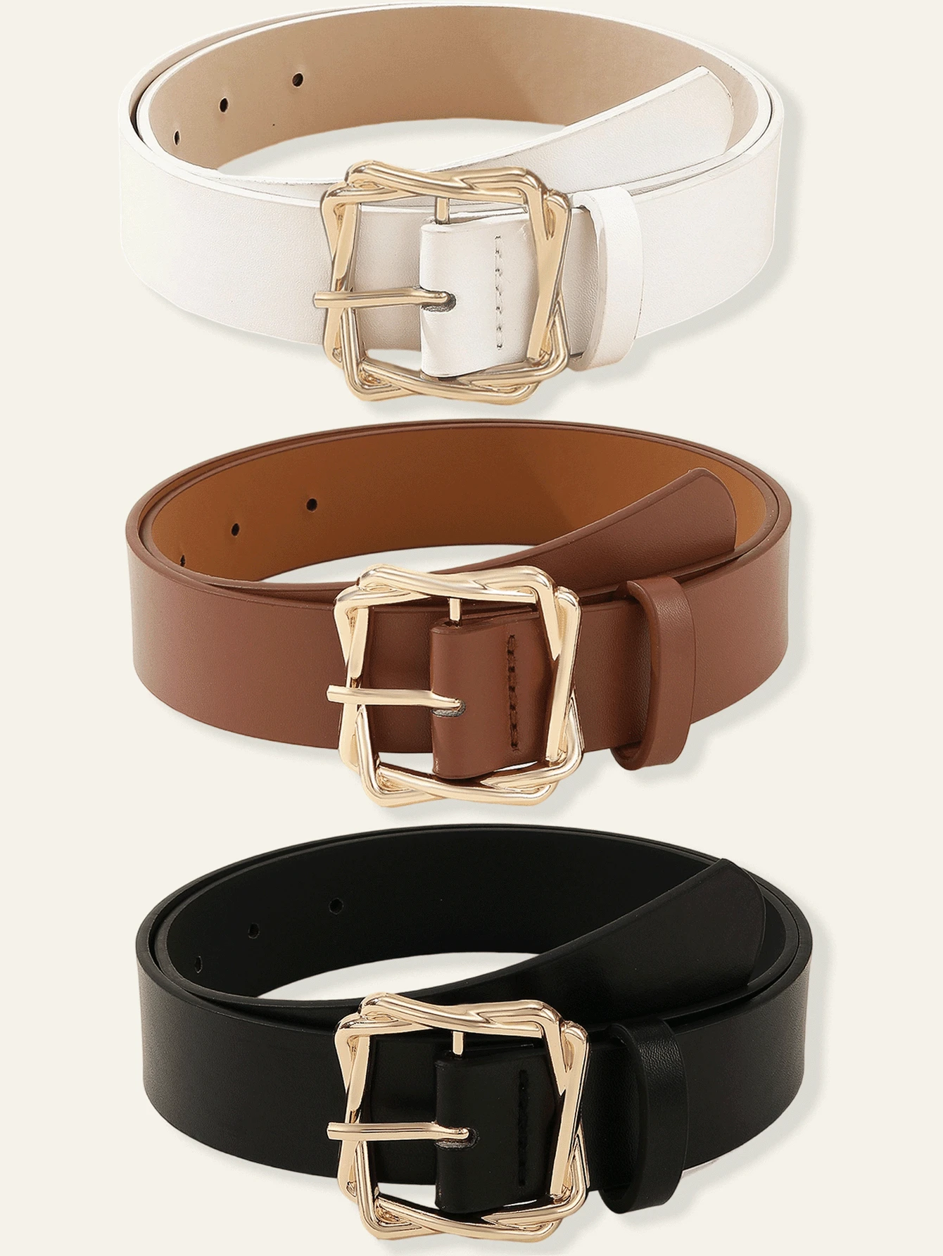 3 件套女士优雅奢华简约方形扣腰带，百搭连衣裙、T 恤、裤子、休闲和商务装，PU 皮革，纯色秋季、秋季、万圣节