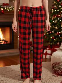 Spodnie piżamowe damskie w czarno-czerwoną kratę w stylu vintage – luźne, wygodne, z kieszeniami, ściągacz w pasie, zimowe - Wielokolorowe - Zobacz 6