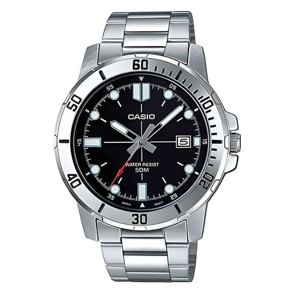 Casio ساعة رياضية رجالية بعقارب تناظرية، سوار من الفولاذ المقاوم للصدأ وعقارب سوداء بواسطة كوارتز، مقاومة للماء حتى 50 متر وشاشة التاريخ، مناسبة للارتداء اليومي والأعمال، MTP-VD01D-1EVUDF