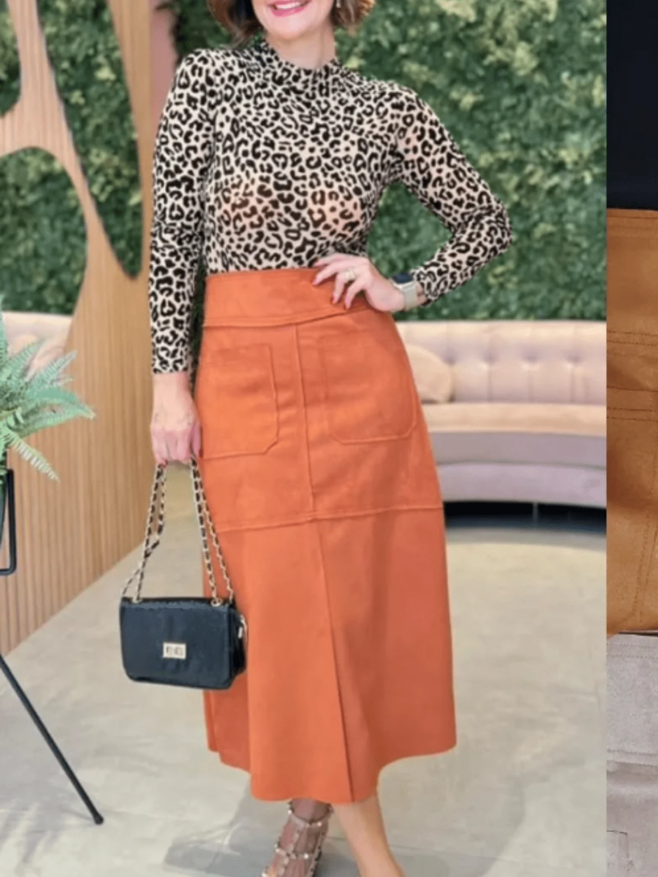 Green Suede Midi Skirt - 駝色 - 查看 1
