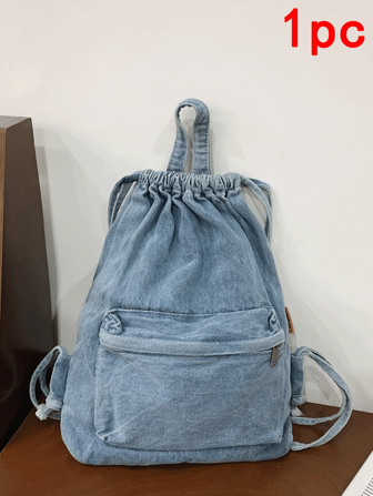 1 pieza, versátil, de moda, de alto valor, diseño de nicho, mochila de mano simple, tela de mezclilla sólida, correa para el hombro ajustable, gran capacidad, mochila con cordón ligera, adecuada para el transporte diario y las salidas de compras y ocio de las mujeres
